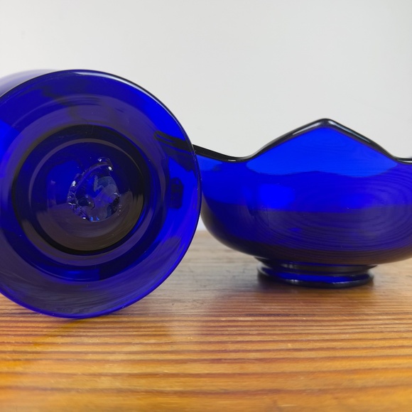 Vintage Cobalt Blue Glass Pitcher & Ruffled Bowl Set | Hand Blown Art Glass - Picture 8 of 16